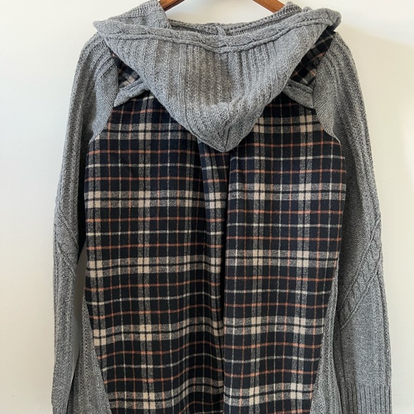 Moth (Anthropologie) Derry Cable Knit Wool Plaid Flannel Hooded Sweater Jacket - Picture 7 of 13